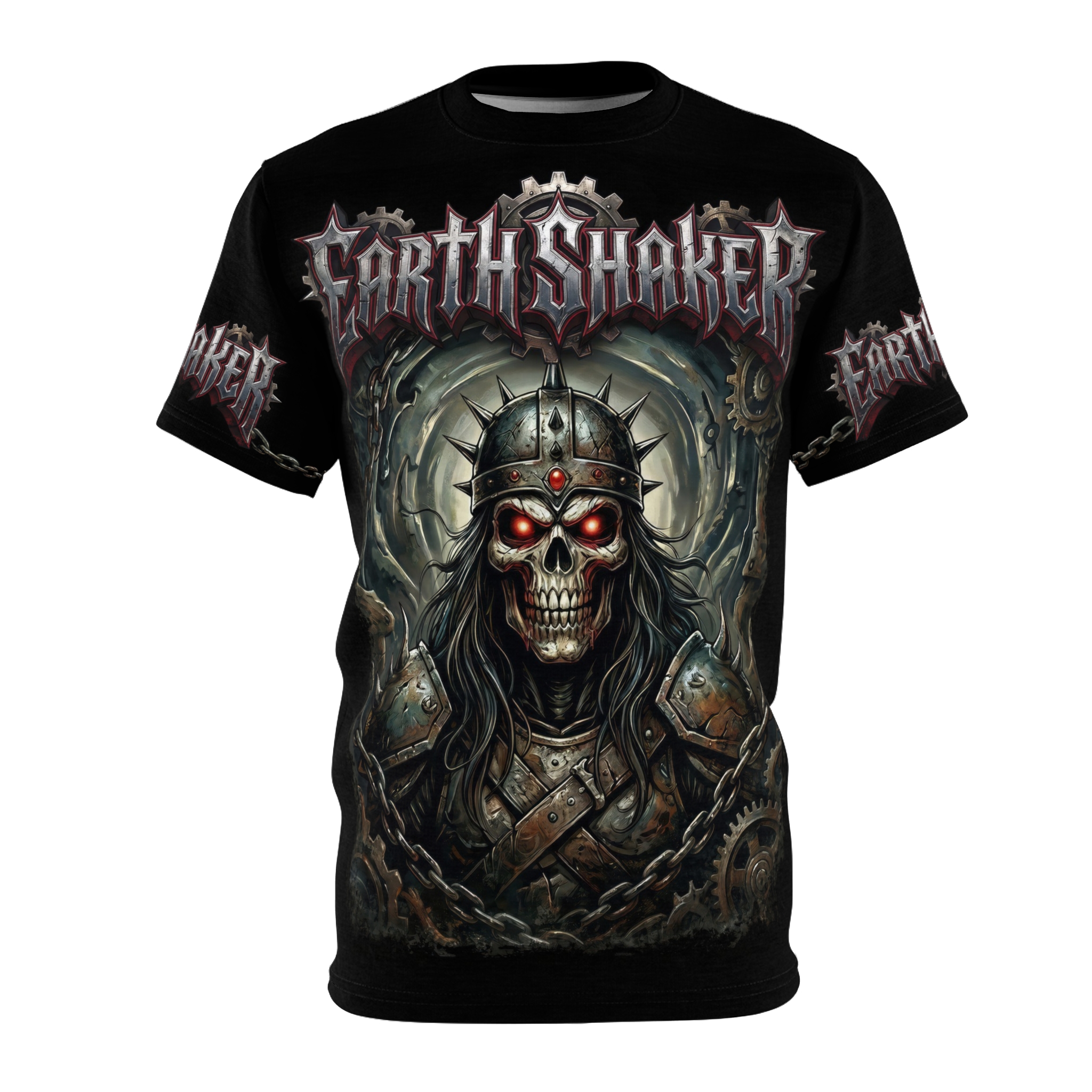 Dark, gritty full print shirt featuring a skeletal warrior in spiked armor, glowing red eyes, and chains.