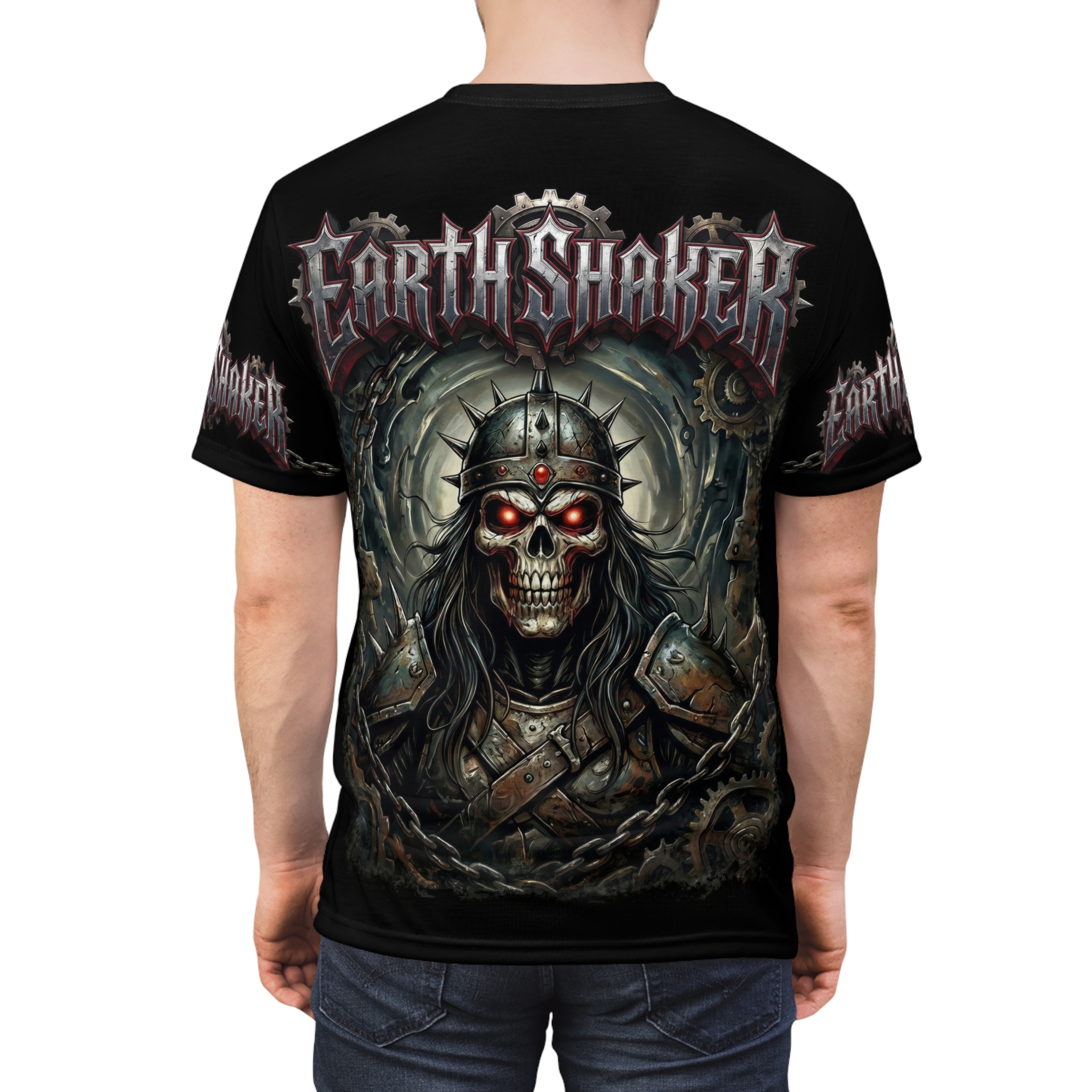 A menacing skeleton in spiked armor with glowing red eyes dominates this all over print t-shirt.