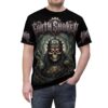 Dark, metallic skull with glowing red eyes and spiked helmet on this all over print t-shirt.