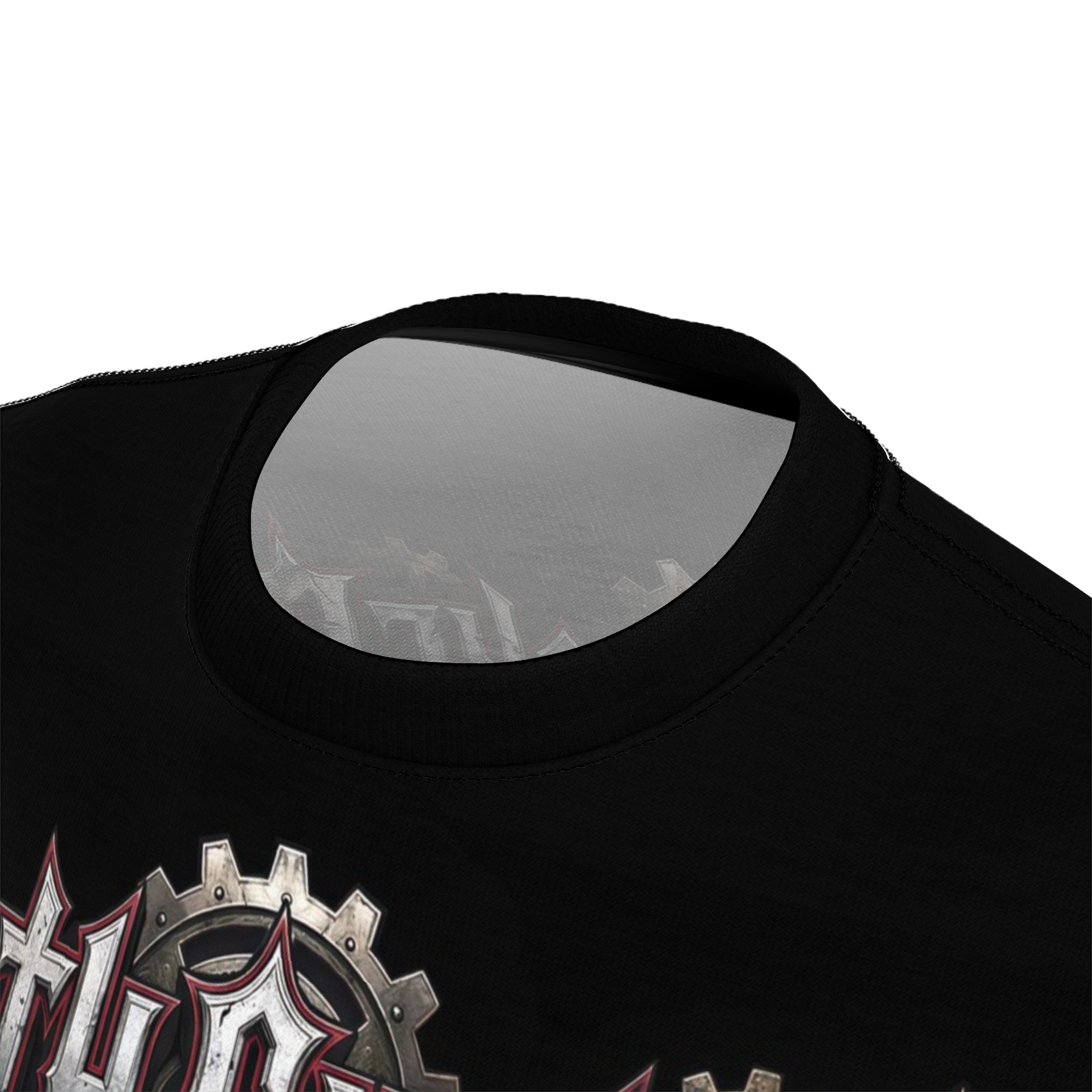 A graphic t-shirt featuring a detailed skull design with metallic gears and gothic lettering.