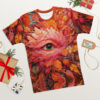 Fiery reds, oranges, and pinks form a detailed eye and floral pattern with subtle blue birds, on this seamless tee.