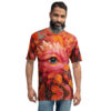 Vibrant oranges, reds, and blues depict an eye surrounded by detailed floral and feather-like patterns with small birds.