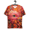 Vibrant oranges, reds, and pinks in floral and feathered textures cover this graphic streetwear tee, with a central eye motif and small birds.