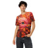 Oranges, reds, and yellows in floral and leaf patterns cover this graphic streetwear tee, depicting a vibrant eye with a bird.