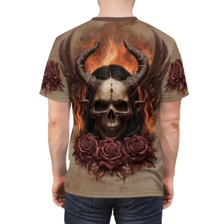 Stylish Flaming Horned Skull Tee — Gothic Skull & Roses All-Over Print – durable everyday unisex apparel