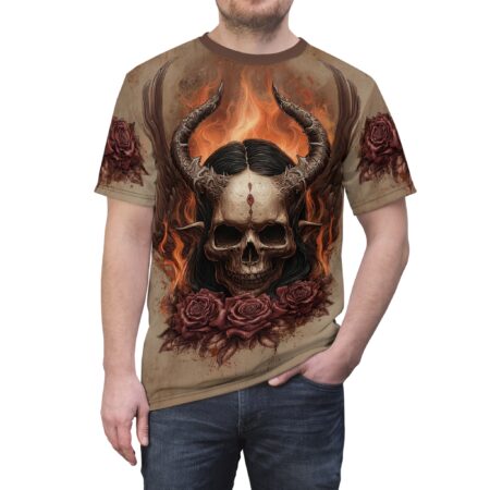 Stylish Flaming Horned Skull Tee — Gothic Skull & Roses All-Over Print – durable everyday unisex apparel