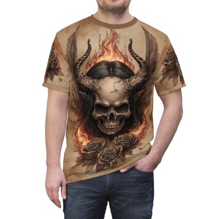 Vibrant Flaming Horned Skull Tee — Gothic Skull & Roses Graphic T‑Shirt – eye-catching full print casual top