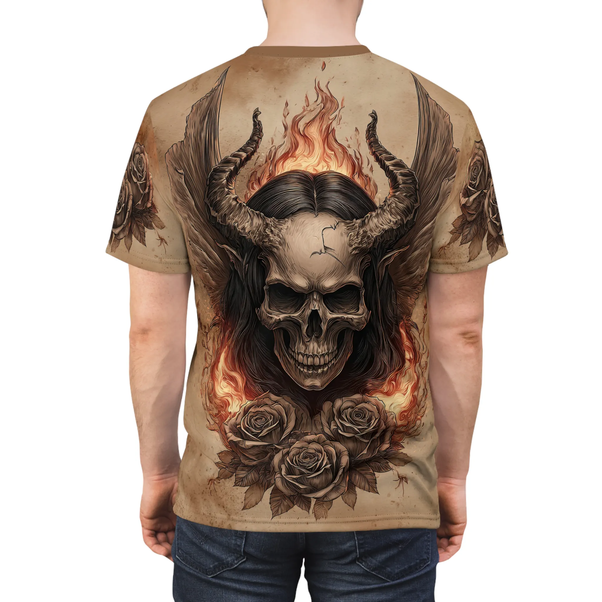Fiery horned skull with wings and roses on a vintage-style full print shirt.