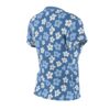 White and light blue floral patterns cover this all over print apparel, set against a medium blue background.