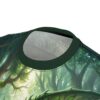 Lush green forest scene with glowing light and dragon scales, a vibrant all over print t-shirt.