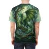 Lush green forest scene with a detailed dragon perched on a mossy branch, part of an all over print t-shirt.
