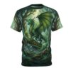 Lush green forest with a dragon, intricate patterns, and glowing flora on this all over print t-shirt.