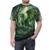 Emerald green dragon in a mystical forest setting, detailed leaves on wings, on an all over print t-shirt.