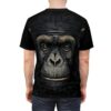 Detailed chimpanzee face with gold speckles covers this all over print t-shirt.