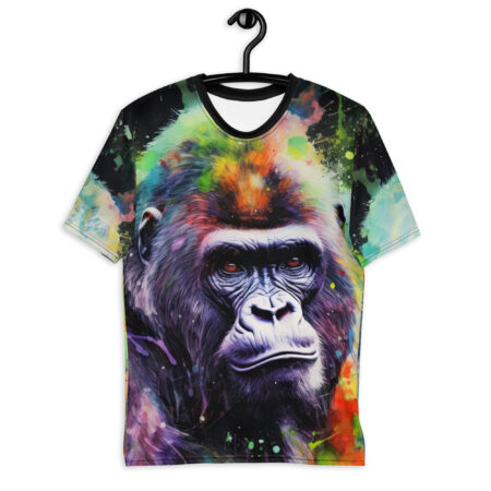 Vibrant all over print sublimation tee featuring a detailed gorilla face with colorful watercolor splashes and paint splatters.