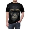 Detailed chimpanzee face with golden accents covers this all over print t-shirt.