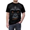 A hyper-realistic chimpanzee face with amber eyes covers this all over print t-shirt.