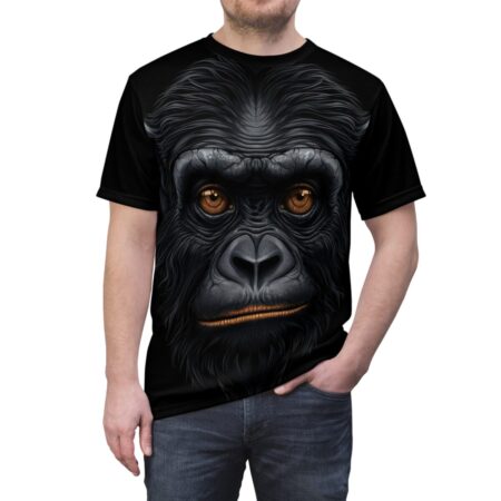 A hyper-realistic chimpanzee face with amber eyes covers this all over print t-shirt.