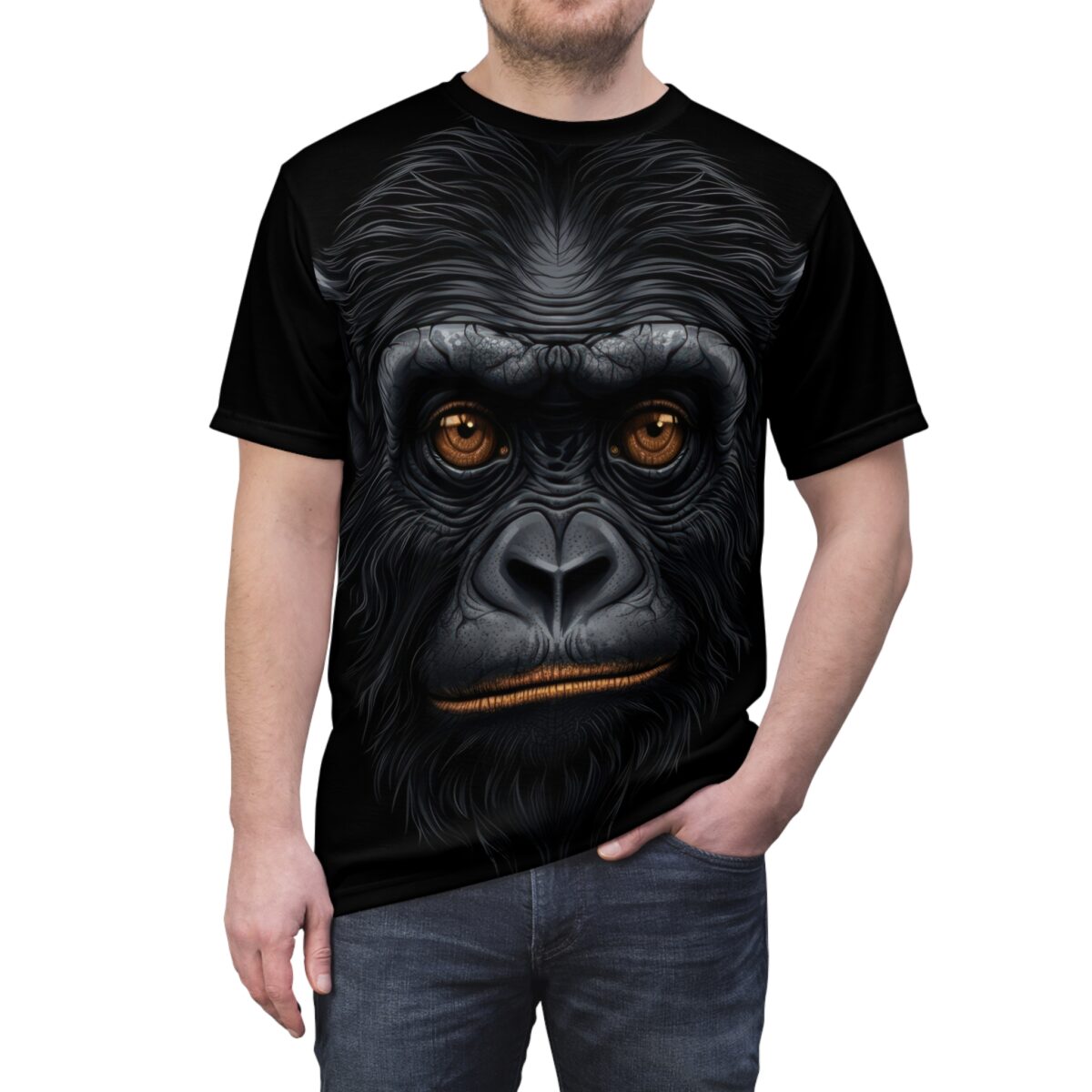 A hyper-realistic chimpanzee face with amber eyes covers this all over print t-shirt.