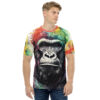 Vibrant watercolor splashes of red, yellow, green, and blue cover this seamless pattern tee, featuring a detailed portrait of a gorilla's face.