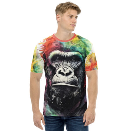 Vibrant watercolor splashes of red, yellow, green, and blue cover this seamless pattern tee, featuring a detailed portrait of a gorilla's face.