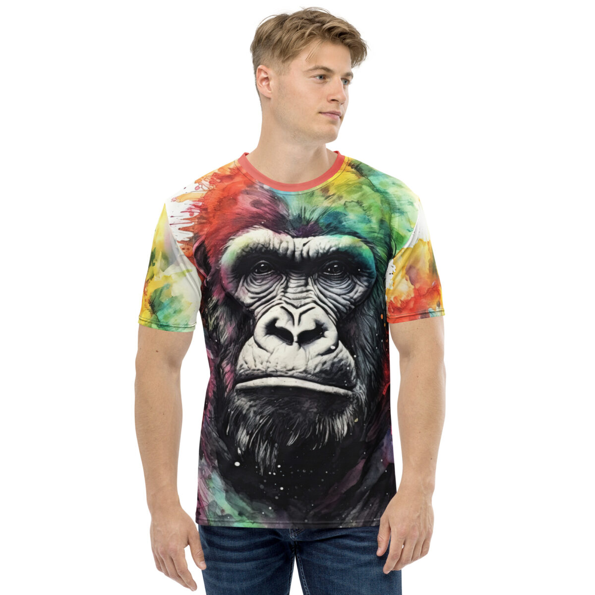 Vibrant watercolor splashes of red, yellow, green, and blue cover this seamless pattern tee, featuring a detailed portrait of a gorilla's face.