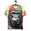 Red, yellow, green, and purple watercolor splashes surround a detailed gorilla ape portrait on this all-over print t-shirt.