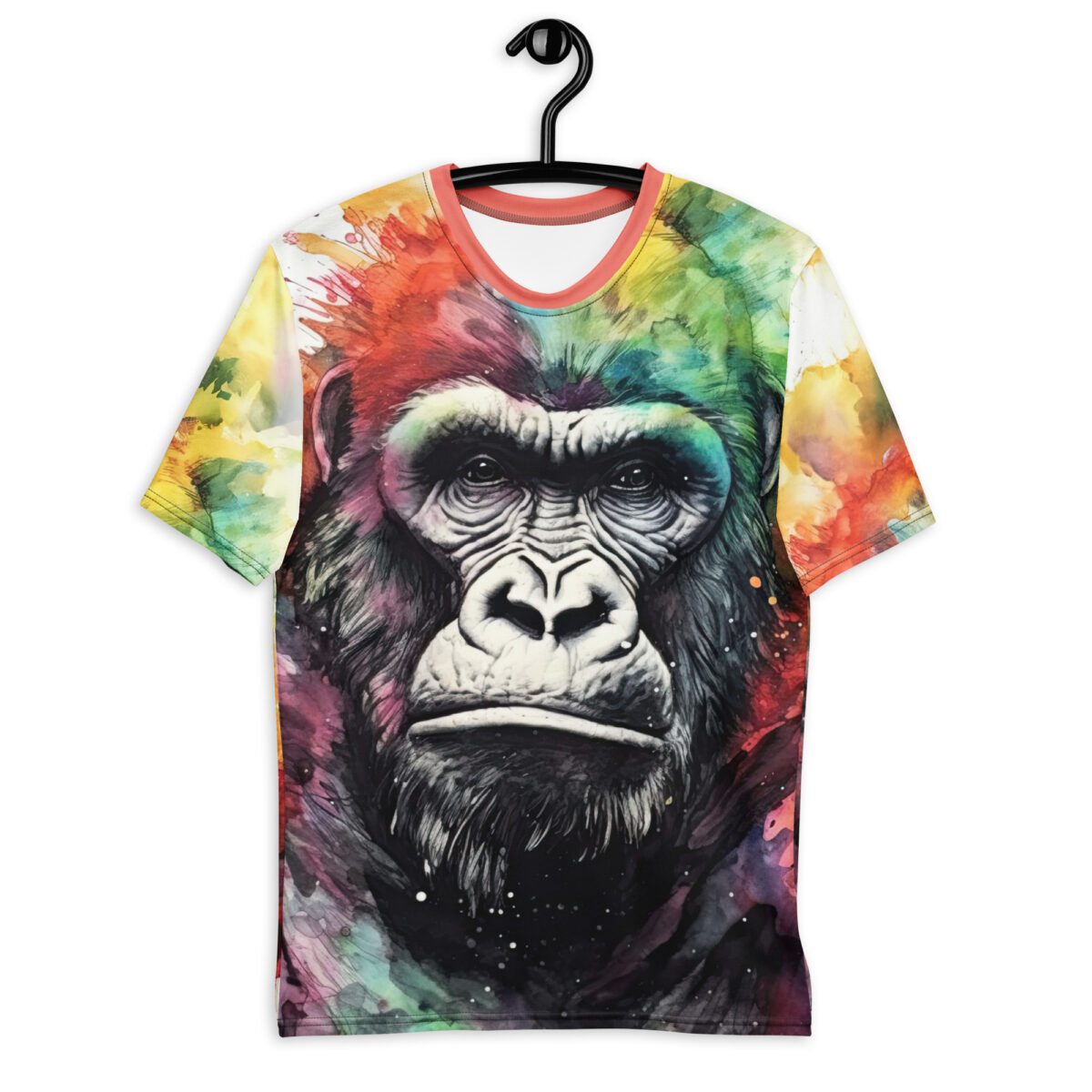 Red, yellow, green, and purple watercolor splashes surround a detailed gorilla ape portrait on this all-over print t-shirt.