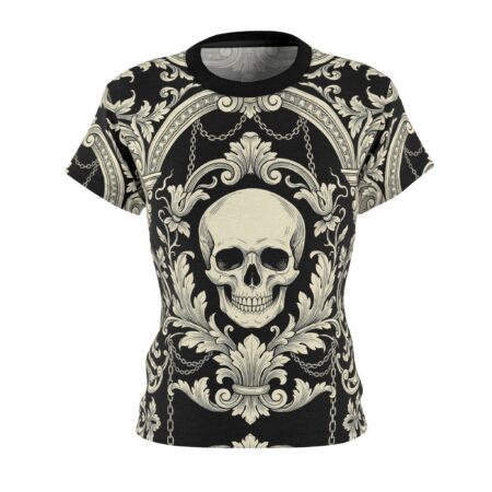 Gothic skull and baroque scrollwork all over print sublimation tee, featuring intricate vintage pattern with chain details.