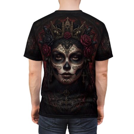 Rich gothic details, dark roses, and a Day of the Dead queen adorn this all over print t-shirt.