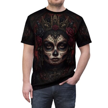 Intricate dark gothic patterns and roses frame a sugar skull queen on this all over print t-shirt.