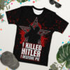 Red splatters and a distressed star design cover this patterned tee shirt, featuring a silhouette of a person and bold white text.