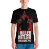 Red splatters and a white-lined star cover this sublimation graphic tee, depicting a silhouette of a soldier aiming a rifle with text that reads 