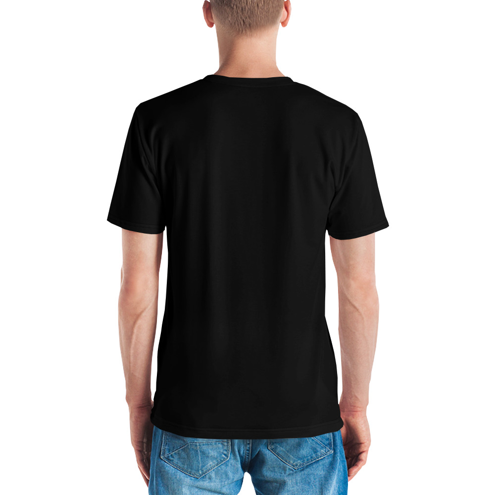 Black fabric covers this tee shirt, showing a man from the back.