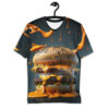 Juicy cheeseburger sublimation tee with dripping cheese, seamless print design wraps around the garment.
