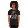 Graphic t-shirt with 'JUST A MOM WHO LOVES CATS' text, a paw print, and two red hearts.