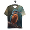 Vibrant kingfisher bird perched on a branch, all over print sublimation tee with detailed feathers and bokeh background.