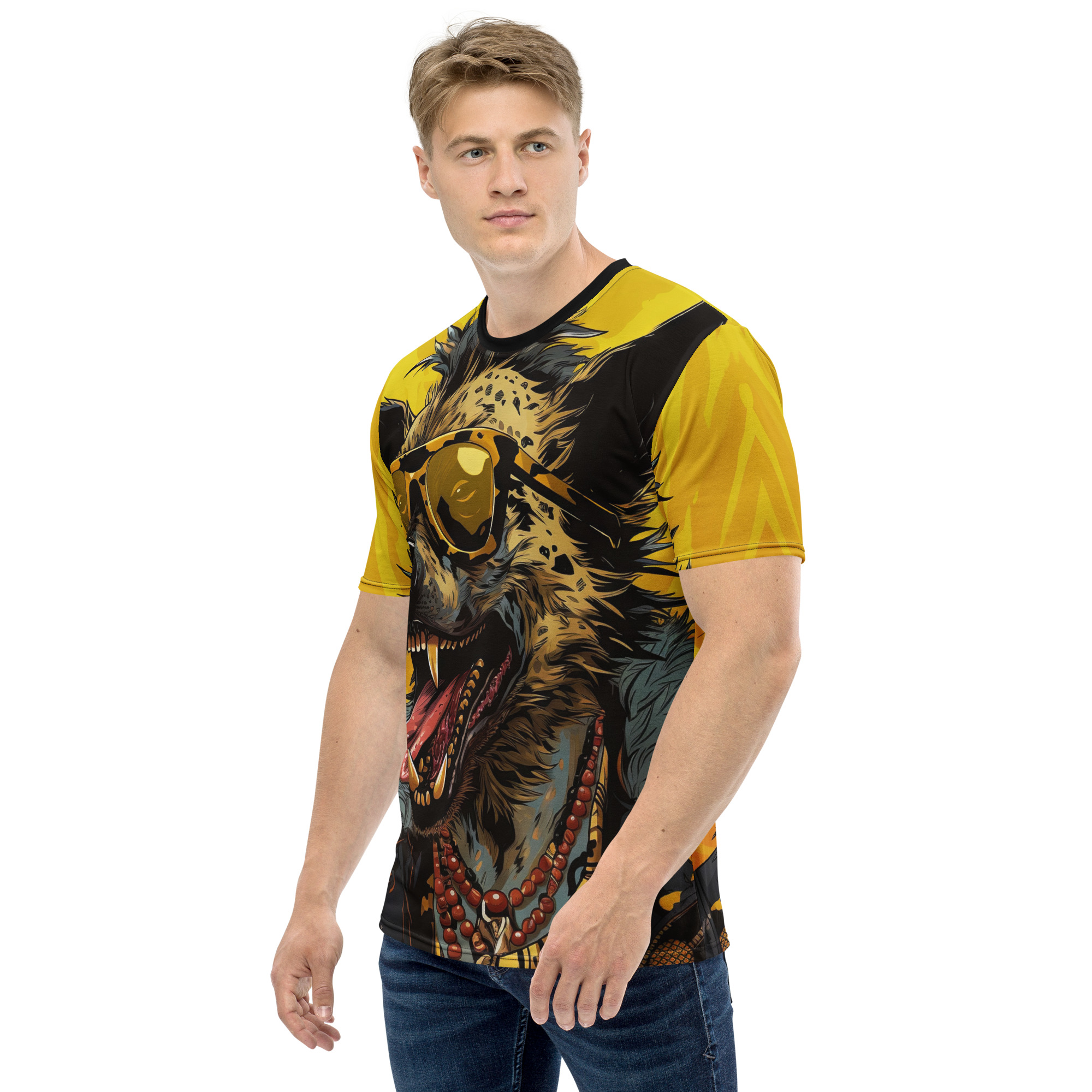 Yellow and black patterns cover this full print shirt, depicting a roaring hyena in sunglasses with red beaded necklaces.