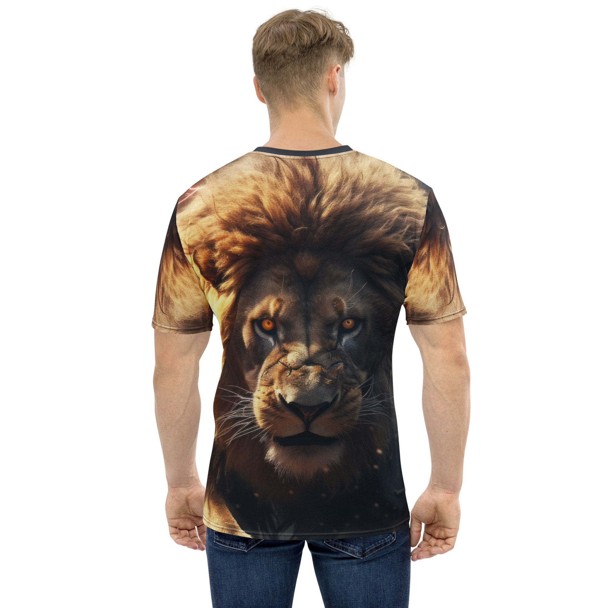 Golden and brown fur textures cover this graphic streetwear tee, depicting a powerful lion's face with intense orange eyes.