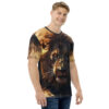 Fiery oranges and deep browns in a photorealistic lion's face cover this seamless pattern tee, with a dark, textured background.