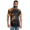 Fiery orange eyes and a detailed mane in browns and golds cover this patterned tee shirt, featuring a close-up of a majestic lion's face.