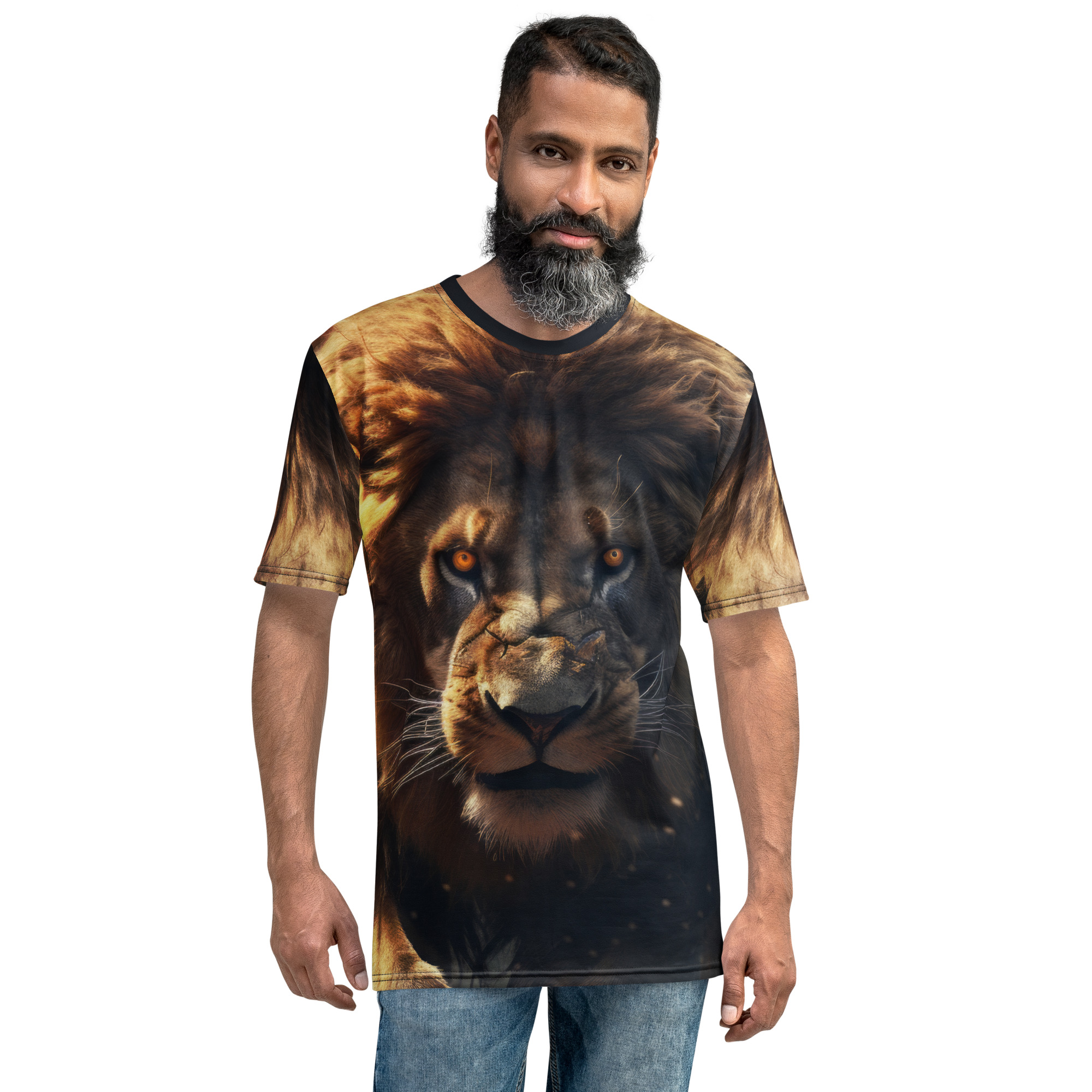Fiery orange eyes and a detailed mane in browns and golds cover this patterned tee shirt, featuring a close-up of a majestic lion's face.