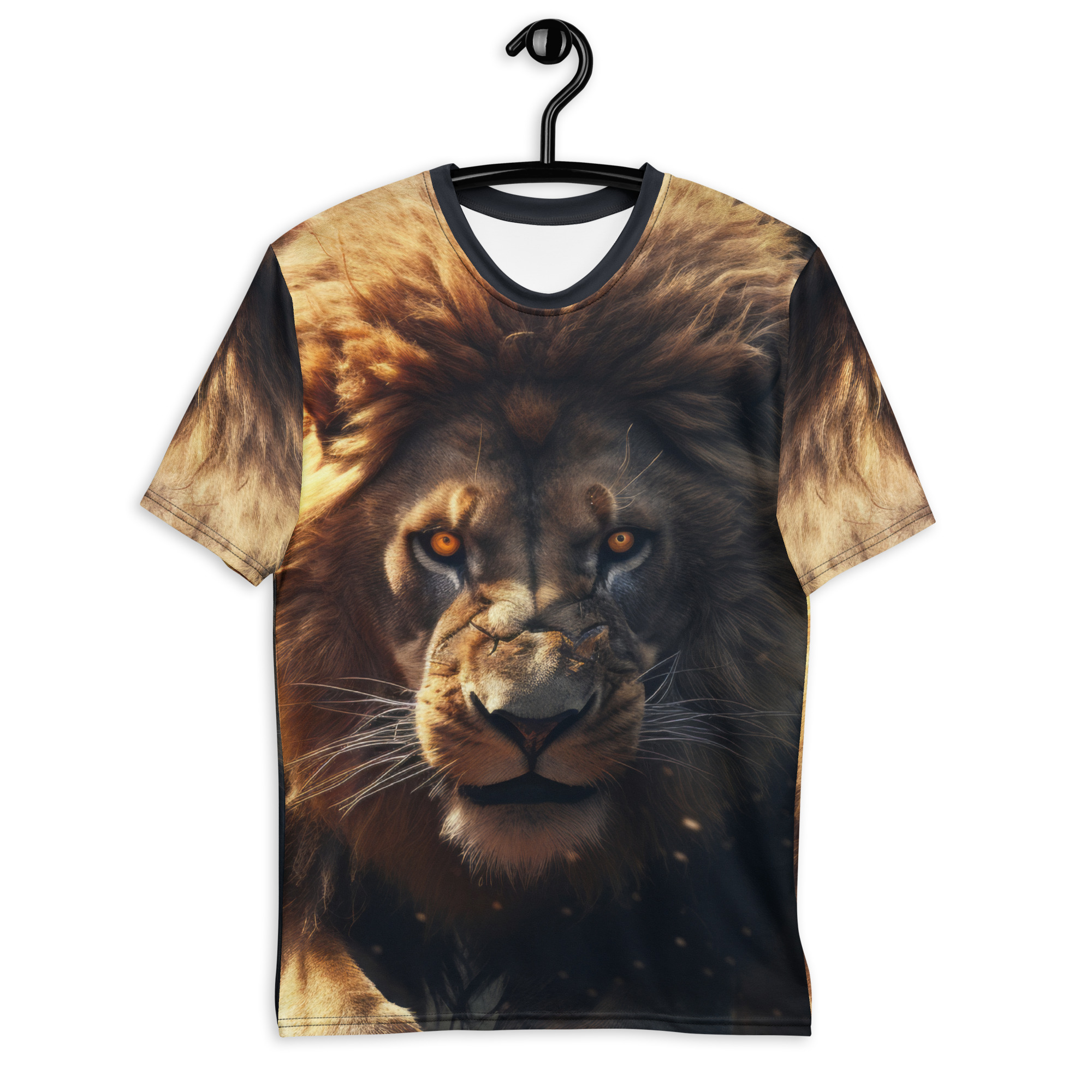 Golden and brown fur textures cover this seamless pattern tee, featuring a fierce lion's face with piercing orange eyes.