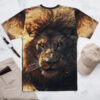 Fiery orange eyes and detailed fur patterns cover this all over print apparel, featuring a majestic lion's intense gaze against a blurred golden background with subtle light streaks.