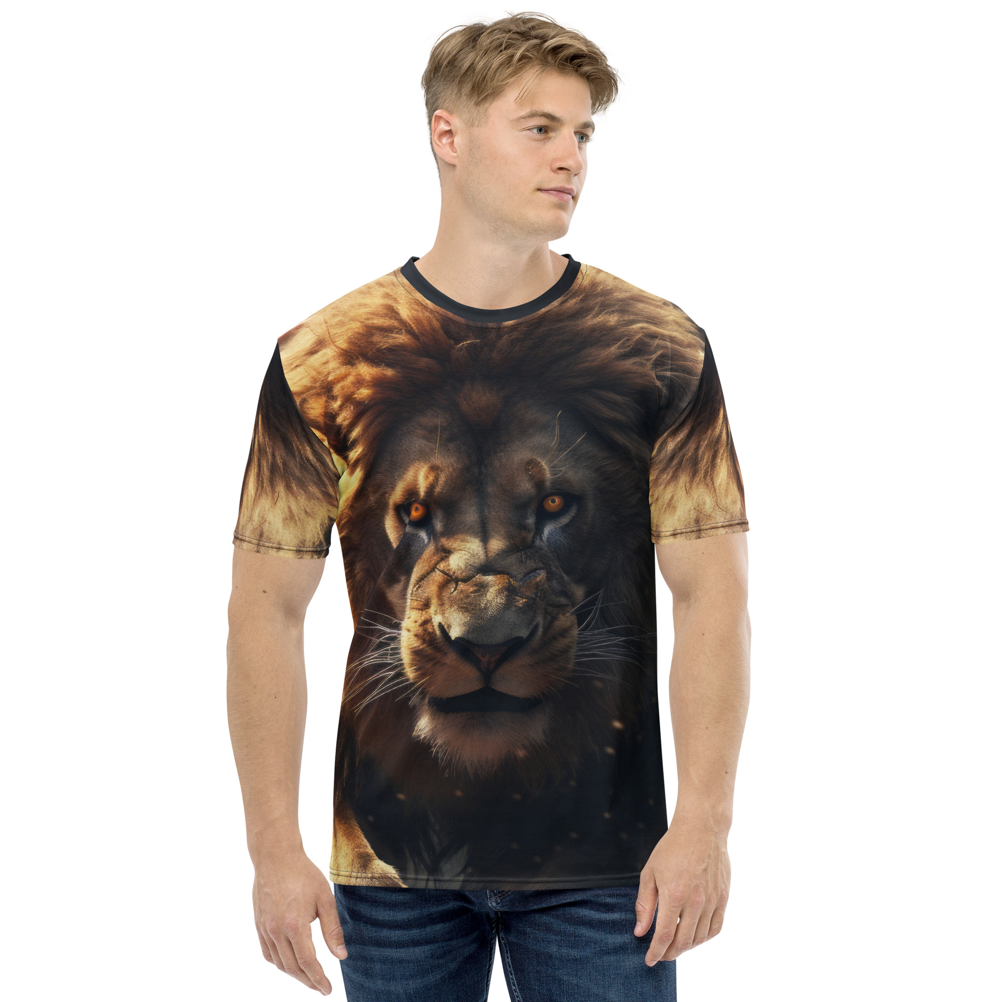 Golden browns and deep blacks cover this 3D graphic t-shirt, depicting a fierce lion's face with glowing orange eyes.
