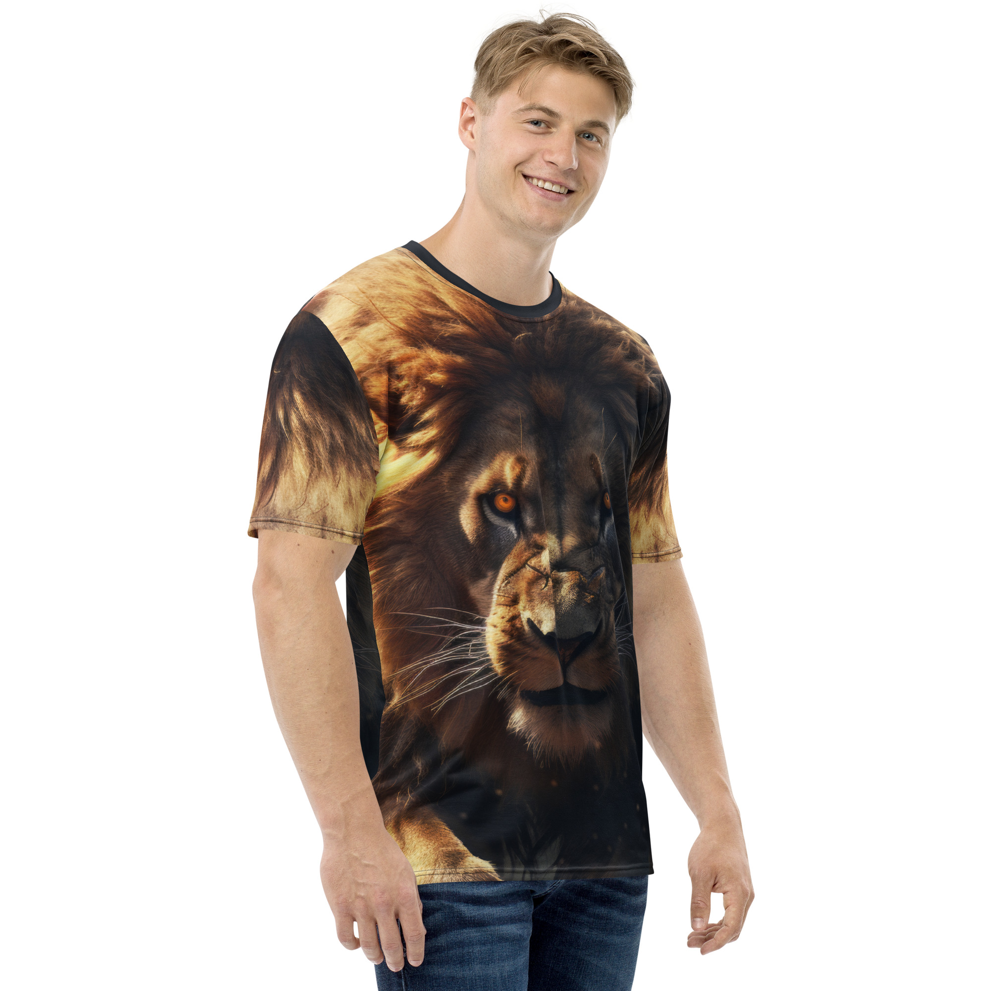 Fiery oranges and deep browns in a photorealistic lion's face cover this seamless pattern tee, with a dark, textured background.