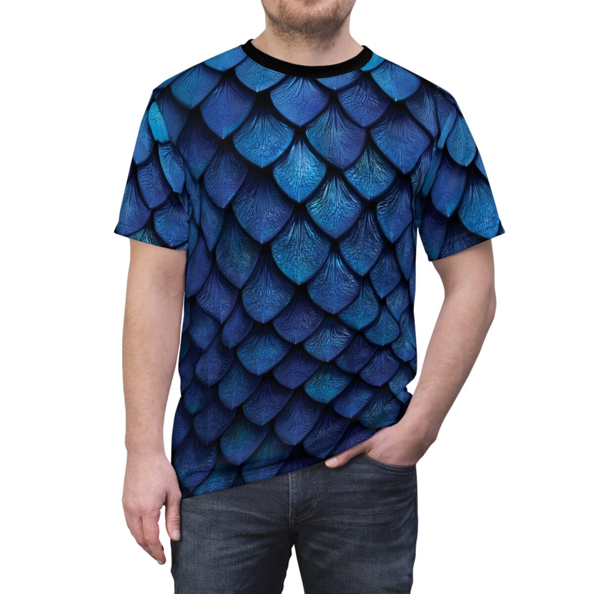 Metallic blue dragon scales cover this 3D graphic t-shirt, with a high-gloss, reptilian texture.