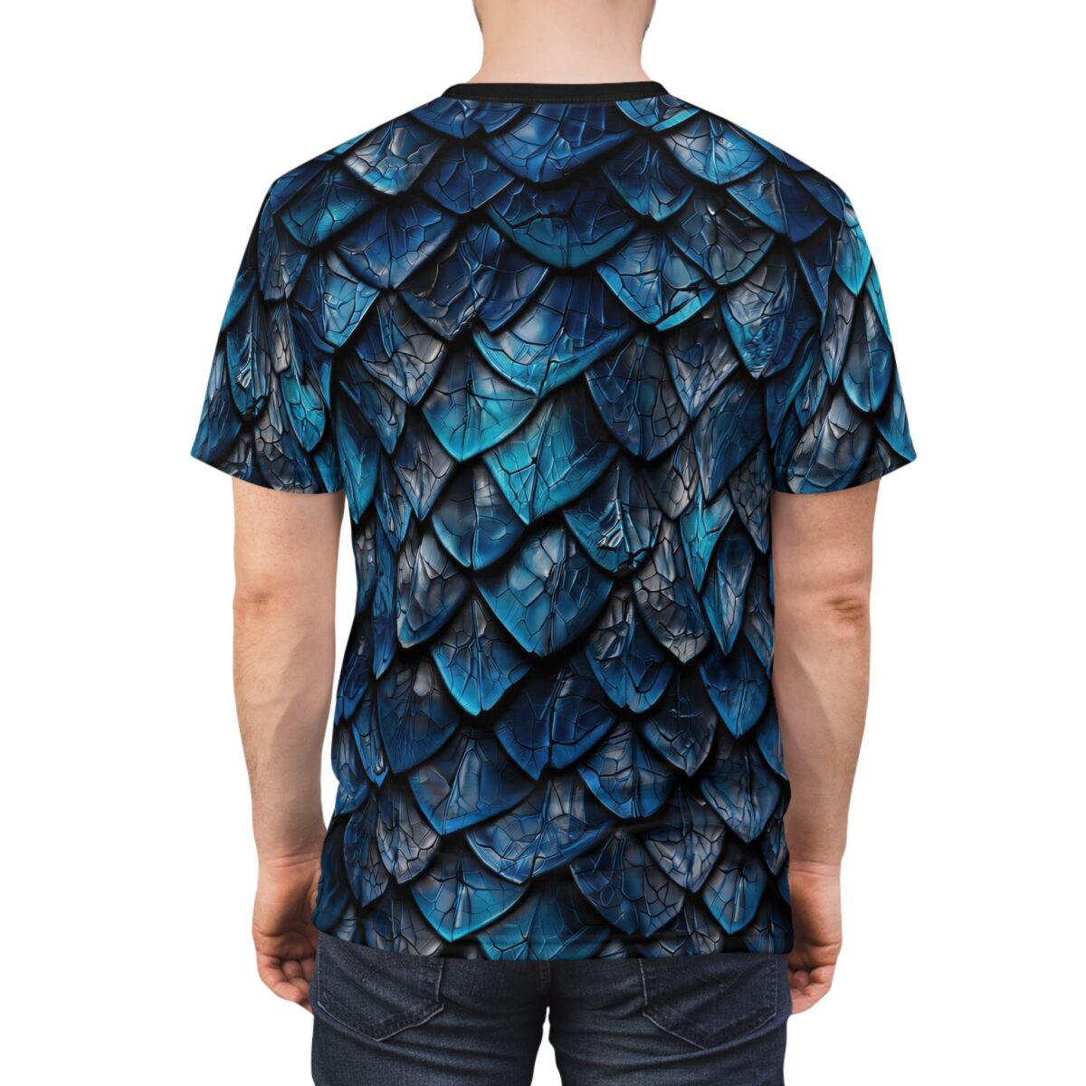 Shimmering deep blue scales cover this all over print apparel, mimicking a mythical dragon's protective hide.