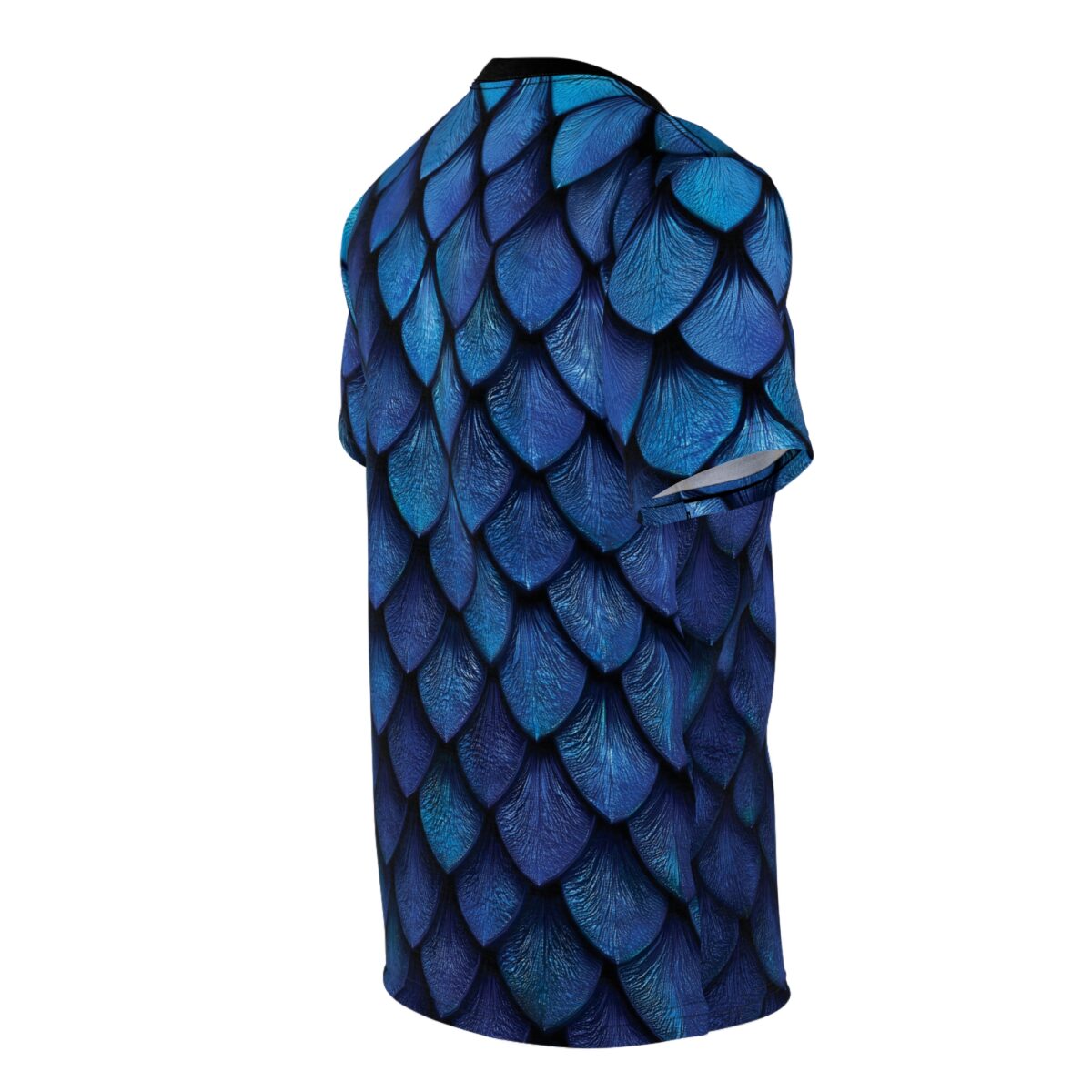 Iridescent blue scales cover this all over print apparel, creating a fantasy dragon-skin texture.