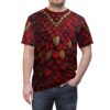Deep red and gold textured dragon scales cover this all over print apparel, creating a fierce and mythical reptilian skin design.